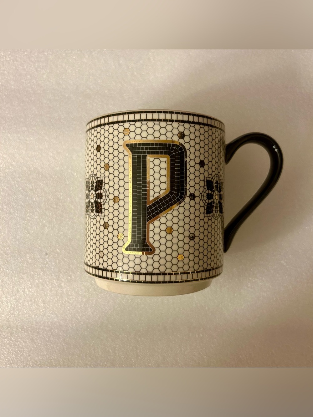 Anthropologie Black White Bistro Tile Stoneware Mug: Monogram Edition “P” 15 oz